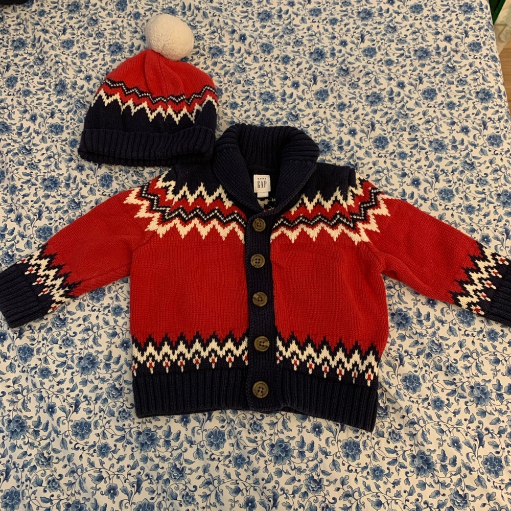 Cardigan sweater with matching hat red white blue